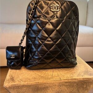 CHANEL Black Quilted Lambskin Crossbody with Mini Case
